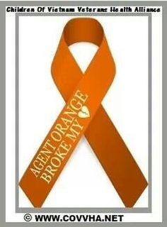 an orange ribbon with the words, children of victims veterans health and peace on it