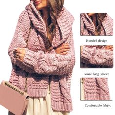 Hnewly Solid Cardigan Knitted Outerwear Casual Winter Fashionable Hood – hnewly Boho Knitted Cardigan, Women Long Cardigan, Hooded Cardigan Sweater, Warm Cardigan, Winter Boho, Knit Outerwear, Fitted Cardigan, Plus Size Coats, Knitted Coat