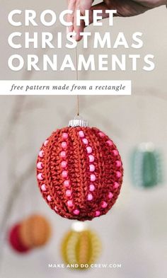 a crochet christmas ornament hanging from a tree with text overlay