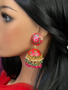 Lotus Designer Earrings Meenakari Jhumuka Earrings /gold color / Gutta Pousala Plearls Red and Green / Indian Jewelry This item is perfect for smart casual daily wear but can also be worn with a fancy outfit for a party! DETAILS: Includes two earrings only. Length: 3 inches Weight for Earring Set: 1.60oz (46 g) Earring backs push on/off. Material: Imitation gold. Red and green Beads . Finish: Premium gold finish. NOTE: We try our best to show you photos of our items as they appear in real life, Red Jhumkas For Ceremonial Use During Diwali, Traditional Red Pearl Earrings For Party, Ceremonial Meenakari Danglers, Red Pearl Drop Earrings For Festive Occasions, Festive Red Pearl Drop Earrings, Ceremonial Red Meenakari Jhumkas, Pink Pearl Earrings For Festivals As Gift, Red Pearl Earrings For Celebration, Pink Pearl Earrings For Festivals And Gifts