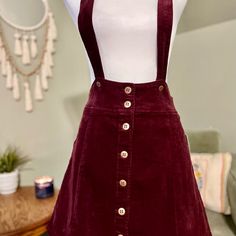 Baby Doll Style Overall Skirt Button Up Burgundy Criss Cross Button Cosure Straps Corduroy Fabric Skirt Length: 17" Waist: 30" Total Length (Including Straps): 33" Size: 30 Brand: Forever21 Retail Price: $19.90 Brand New With Tags Never Worn $16 Skirt Overalls Outfit, Green Skater Skirt, Red Skater Skirt, Pjo Oc, Red Overalls, Skirt Overalls, Floral Skater Skirt, Dungaree Skirt, Overall Skirt