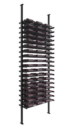 a rack with several rows of wine bottles on it, and two shelves holding glasses