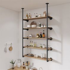 the shelves in the kitchen are filled with various items