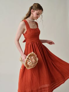 70s Orange Dress, Linen Cocktail Dress, Elegant Square Neck Picnic Dress, Sleeveless Tea Length Dress For Summer Garden Party, Linen Midi Dress With Tie Back, Square Neck Dress With Tie Back For Picnic, Square Neck Tie Back Dress For Picnic, Square Neck Tie-back Dress For Picnic, Picnic Dress With Tie Back And Square Neck