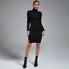 Our Style No.PP2183490%Polyester. 10%SpandexVery StretchyHeight - 69.3"/176cm Bust - 35"/89cm Waist - 24"/61cm Hips - 36.2"/92cm and wears size SGentle Dry Clean Only Elegant Ribbed Turtleneck Mini Dress, Elegant Turtleneck Ribbed Mini Dress, Chic Slim Fit Bodycon Dress For Winter, Chic Winter Slim Fit Bodycon Dress, Elegant High Neck Long Sleeve Dress For Fall, Winter Formal Bodycon Dress, Long Sleeve Ribbed Bodycon Evening Dress, Evening Long Sleeve Ribbed Bodycon Dress, Ribbed Long Sleeve Bodycon Evening Dress