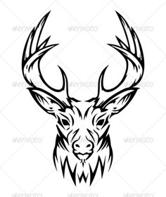 the head of a deer with large antlers on it's face is drawn in black and white