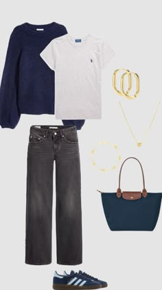 an outfit with jeans, sweater and handbag