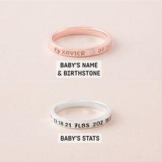 "Customed by baby stats and birthstone, this ring is a meaningful present for new mom on Mother's Day. P R O D U C T ∙ I N F O * Material: Solid 925 Sterling Silver * Finishing: Silver - Gold - Rose Gold * Ring's band is 1/8'' (2.8 mm) * By default, silver items comes with BLACK engraving and gold-plated item comes with CLEAR engraving. H O W * T O * O R D E R 1. Select your preferred COLOR and RING SIZE from the menu. 2. Let us know the baby stats the birthstones on the ring in the \"Note to GR Personalized Pink Ring For Birthday, Personalized Pink Birthday Ring, Personalized Engraved Rose Gold Ring, Personalized Stackable Rings For Mother's Day Gift, Pink Adjustable Birthstone Ring For Anniversary, Personalized Adjustable Stackable Rings For Birthday, Adjustable Pink Personalized Rings, White Name Jewelry For Birthday, Personalized Adjustable Rings For Birthday