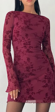 Botanical Flower Maroon Mini Dress | Sevila – motelrocks-com-us Thrift Inspiration, Hoco Inspo, 파티 드레스, Boat Neckline, Long Sleeve Mini, Long Sleeve Mini Dress, Flared Sleeves, Blue Dress, Mesh Fabric