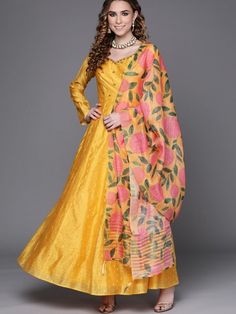 Yellow Yoke Embroidered Kurta with Printed Dupatta - Inddus.com Unstitched Yellow Slub Silk Sharara, Yellow Slub Silk Traditional Wear With Gota Work, Yellow Slub Silk Bollywood Set, Yellow Slub Silk Dupatta With Dabka Work, Transitional Yellow Anarkali Set With Long Sleeves, Yellow Long Sleeve Anarkali Set For Transitional Season, Transitional Yellow Long Sleeve Anarkali Set, Yellow Slub Silk Churidar For Festivals, Traditional Yellow Slub Silk Anarkali Set