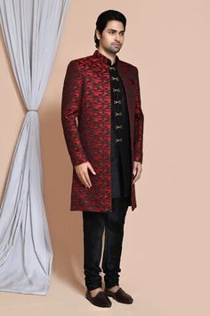 Maroon sherwani jacket with all over geometric pattern. Paired with an inner black kurta and churidar. - Aza Fashions Maroon Sherwani, Sherwani Jacket, Black Kurta, Pattern Jacket, Churidar, Jacket Pattern, Full Sleeves, Aza Fashion, Full Sleeve