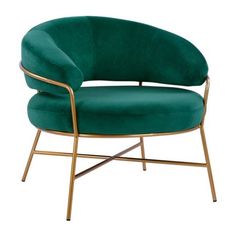 a green chair with gold frame and legs