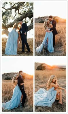 a couple kissing under a tree in the middle of a field with tall grass and trees