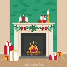 christmas fireplace with presents around it and candles on the mantel top, flat design