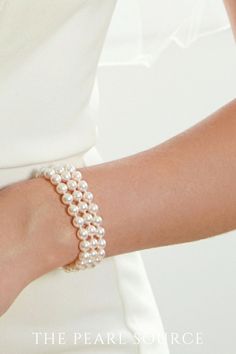 Illuminate her day with this luxurious Triple White Akoya Pearl Bracelet. Hand-picked pearls boasting 'very high' grade luster are beautifully strung together and finished with a sterling silver clasp. The perfect gift for anniversaries, Mother's Day, or just because, this striking bracelet can be personalized with a 14k or diamond clasp upgrde. It's not only a piece of jewelry, it's a statement of elegance that can be worn at any event. Formal White Pearl Bracelets, Formal White Pearl Embellished Bracelets, Formal White Pearl Beaded Bracelets, Formal White Beaded Bracelets With Pearl Charm, Formal White Pearl Bracelet, Formal Pearl White Pearl Chain Bracelet, Formal Pearl White Bracelet With Pearl Chain, Formal Pearl White Pearl Bracelet With Pearl Chain, Wedding Akoya Pearl Bracelet