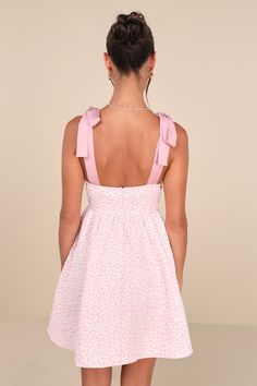 You'll steal hearts left and right in the Lulus Darling Composure Pink Jacquard Floral Tie-Strap Mini Dress! Lightweight, slightly stretchy woven fabric boasts a floral jacquard (as well as tonal bead and sequin accents) as it falls from tying satin shoulder straps. Fitted, seamed cups frame a V-neckline and a high waist, all atop a babydoll-style skirt with mini hem. Hidden layer of tulle for volume. Hidden zipper/clasp at back. Fit: This garment fits true to size. Length: Above mid-thigh. Size Light Pink Dress Casual, Dresses Appropriate, Senior Events, Valentines Dress, Pink Floral Mini Dress, Dress With Beads, Babydoll Mini Dress, Valentine Dress, Dresses For Weddings