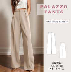 Digital sewing pattern for palazzo pants ✔️ US Sizes: 2, 4, 6, 8, 10, 12, 14, 16, 18, 20, 22, 24, 26, 28, 30 ✔️ Standard sizes: XS, S, M, L, XL, 2XL, 3XL, 4XL/5XL ✔️These templates are suitable for A4, A0 and US Letter size paper. When you purchase this pattern, you will receive a digital (pdf) sewing pattern and instructions. Once your payment processes, you will automatically receive a download links of pattern files. If you have any problem accessing the files, please don't hesitate to contac Plazo Pant Designs Latest Style, Wide Leg Pants Sewing Pattern Free, Ladies Pants Design, Pattern Pants Women, Sewing Patterns Trousers, Palazzo Pants Sewing Pattern, Sewing Patterns Pants, Pants Pattern Sewing, Dress Pants Pattern