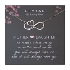 PRICES MAY VARY. Meaning: This infinity heart mother daughter necklace is the perfect way to celebrate your special and eternal bond. If you're looking for gifts for mom from daughter, look no further! Makes an excellent birthday gift for women or graduation gift for daughter. Length, Measurements, Materials: This dainty mom necklace for women is made of 925 Sterling Silver, and measures approximately 18". The unique infinity with embedded heart pendant with dainty chain is classy and timeless - Mother's Day Birthday Gift Wrapped Necklace, Gift-wrapped Necklace For Birthday On Mother's Day, Mother's Day Birthday Necklace With Message Card, Birthday And Mother's Day Necklace With Message Card, Valentine's Day Anniversary Necklace With Message Card, Infinity Necklace For Birthday And Mother's Day, Meaningful Jewelry For Birthday Gifts, Silver Jewelry With Message Card For Birthday, Mother's Day Anniversary Gift Necklace With Message Card