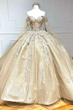 Alejandra | Glamorous Gold Sweetheart Ball Gown with Cape Sleeves Quin | KissProm White And Gold Quinceanera Dresses, Ball Gown With Cape, Gold Quince Dress, Gold Ballgown, Dress With Cloak, Gold Ball Gown, Gown With Cape, Quinceanera Dresses Gold, Quinceanera Themes Dresses