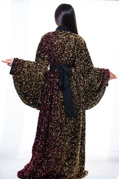 sequin mazi dress Gold Floor-length Party Abaya, Long Gold Abaya For Party, Black Long Party Robe, Gold Maxi Length Abaya For Party, Sequined Long Sleeve Evening Kaftan, Elegant Festive Kimono For Party, Elegant Fall Party Kimono, Evening Abaya With Kimono Sleeves, Black Sequined Kaftan For Party