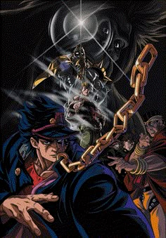 an image of some anime characters with chains on their hands and one person in the background