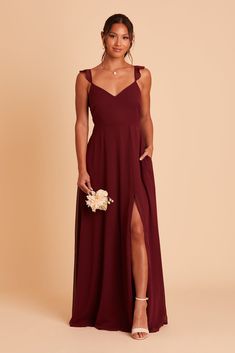 Fall for this airy chiffon bridesmaid dress in Cabernet complete with a bow in the back and flutter cap sleeves. Float down the aisle in this airy bridesmaid dress with flutter-y chiffon sleeves, all wrapped up with a delicate bow in the back. | Cabernet Bridesmaid Dress Chiffon Size Large | Birdy Grey Doris Cabernet Bridesmaid Dresses, Scoop Neck Bridesmaid Dress, Bridal Party Colors, Flattering Bridesmaid Dresses, Bridesmaid Dress Chiffon, Bridesmaid Dresses Under 100, Party Colors, Birdy Grey, Burgundy Bridesmaid