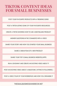 a pink poster with the words tik tok content ideas for small businesses