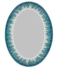 an oval mirror with blue and white tiles on the border, in front of a white background