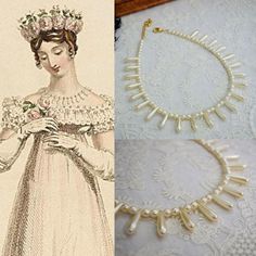 This necklace was inspired by historical images like the early 19th Century fashion plate shown in the second image.  This style was called a "fringe necklace" and was very popular in the Regency and Victorian eras!  Made with vintage faux stones in a creamy color, the narrow teardrop pearls make for an especially elegant effect when worn.  16" long with a 3" extension chain for adjustability.  Dames a la Mode is inspired by history! See my shop for more jewelry with historical influences: https://www.etsy.com/shop/damesalamode Regency Jewelry Necklaces, Regency Era Accessories, Baroque Necklace With Historical Design As A Gift, Baroque Historical Design Necklace For Gift, Elegant Baroque Necklace With Historical Design, Baroque Necklaces With Historical Design For Wedding, Baroque Necklace With Historical Design For Weddings, Baroque Historical Design Necklace For Wedding, Baroque Wedding Necklace With Historical Design