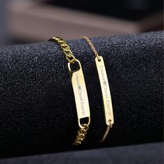 Show your special someone how much you care with this handmade custom bracelet set! Crafted from high-quality stainless steel, these bracelets are made to last and will make a meaningful and lasting statement of love. With a brushed finish, the bracelet is engraved with special words that can be customized to fit you and your significant other's special bond. Choose from four different colors - black, gold, rose gold and silver - to complement any style or mood. Each set includes two bracelets s Metal Nameplate Bracelet For Gift, Personalized Metal Chain Bracelet For Anniversary, Anniversary Stainless Steel Tarnish Resistant Bracelet, Tarnish Resistant Stainless Steel Anniversary Bracelet, Couples Metal Jewelry For Gifts, Couples' Metal Jewelry Gift, Metal Name Bracelet For Mother's Day And Friendship, Custom Name Stainless Steel Jewelry For Friendship, Customized Stainless Steel Name Bracelet For Anniversary