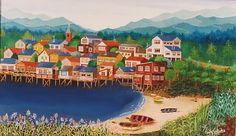 a painting of a town by the water with boats on it and mountains in the background