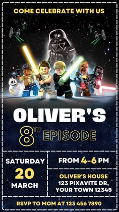 lego-star-wars-birthday-invite-mobile Star Wars Kids Party, Star Wars Birthday Invitations, Lego Star Wars Birthday Party, Star Wars Party Decorations, Lego Star Wars Birthday, Star Wars Themed Birthday Party, Lego Star Wars Party, Star Wars Birthday Party Ideas, Star Wars Theme Party