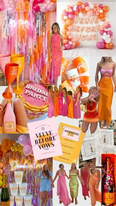 a collage of photos with pink and orange colors, including balloons, food, and decorations