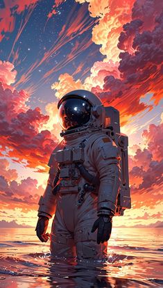 an astronaut standing in the water at sunset