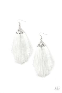 Tassel Tempo - White Shiny white thread fans out from the bottom of a hammered silver fitting, creating a tapered fringe. Earring attaches to a standard fishhook fitting. Sold as one pair of earrings. Tapered Fringe, White Tassel Earrings, Fringe Earring, White Tassel, Paparazzi Accessories, Earring Sale, Paparazzi Jewelry, Tassel Fringe, White Earrings