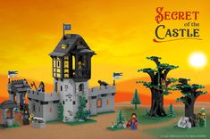 there is a castle made out of legos in the desert with trees and people around it