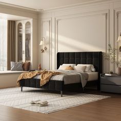 a bedroom with a bed, dressers and window in it's center area