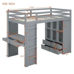 a loft bed with drawers underneath it and measurements on the bottom shelf for each drawer