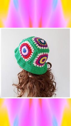 a woman wearing a green crocheted hat on top of a colorful pattern background