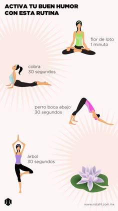 a woman doing yoga poses with the words activa tu buen humor con esta ru