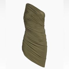 Norma Kamali Diana Ruched Mini Dress In Military Green Strapless Long Dress, Leather Waistcoat, One Shoulder Jumpsuit, Fishtail Dress, Ruched Mini Dress, Leather Mini Dress, Pleated Maxi Skirt, Norma Kamali, Versatile Outfits