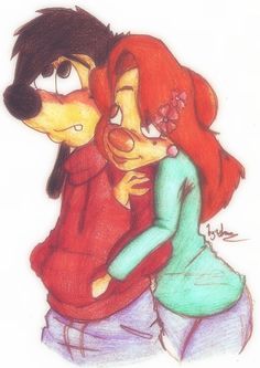 a drawing of two people hugging each other with a dog in the middle one is wearing a red dress