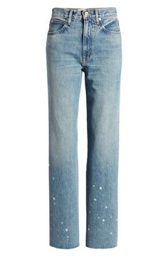 Raw hems refresh the retro style of figure-elongating wide-leg jeans handcrafted in Los Angeles from soft-yet-rigid Italian denim. 32" inseam; 20" leg opening; 11" front rise; 14 1/2" back rise (size 24) Zip fly with button closure Five-pocket style 100% cotton Machine wash, tumble dry Made in the USA of imported fabric Women's Clothing Medium Wash Straight Leg Jeans For Spring, Spring Medium Wash Straight Leg Jeans, Trendy Fall Rigid Denim Cropped Jeans, Trendy Fall Cropped Rigid Denim Jeans, Straight Fit Medium Wash Bottoms For Spring, Spring Straight Fit Medium Wash Bottoms, Summer Straight Leg Jeans, Spring Rigid Denim Cropped Jeans With Straight Hem, Trendy Cropped Cotton Jeans With Straight Hem