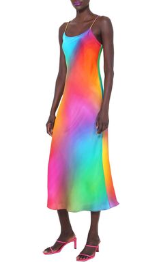 Fitted Multicolor Slip Dress For Spring, Fitted Multicolor Slip Dress, Multicolor Summer Slip Dress, Multicolor Silk Dress, Vibrant Silk Summer Dress, Fitted Multicolor Silk Dress, Summer Silk Satin Dress With Bias Cut, Vibrant Silk Spring Dress, Multicolor Silk Dress For Spring Evening