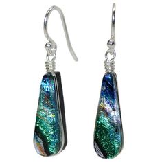 Cedar Rock Falls Earrings Our Cedar Rock Falls Earrings offer a perfect balance of soothing blues and greens, but with a few shots of rainbow color! #dichroicglass #nonickelearrings #nickelfree Iridescent Drop Earrings With Matching Jewelry, Iridescent Jewelry With Matching Drop Earrings, Iridescent Drop Earrings Jewelry Set, Modern Green Drop Jewelry, Iridescent Drop Earrings With Matching Jewelry Set, Fusion Style Teardrop Earrings With Ear Wire, Green Long Drop Earrings, Unique Green Long Drop Earrings, Green Fusion Style Drop Earrings