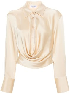 beige crepe texture satin finish draped design pointed flat collar front button fastening drop shoulder long sleeves buttoned cuffs curved hem Satin Button Down, Long Sleeve Design Ideas, Elegant Tops And Blouses, Button Up Shirt Outfit Women, Draped Tops, Satin Blouse Shirts, Draped Shirt, Women Long Sleeve Shirt, Neutral Shirt