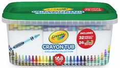 the crayon tub is full of colorful crayons and contains two markers