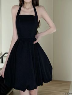 Peilia - Black V-neck Halter Neckline Waist-Hugging Sensual A-line Dress - The Little Black Dress Black Halterneck Dress, Dress With Waist Belt, Halter Bodycon Dress, Black Neck, The Little Black Dress, Halterneck Dress, Waist Circumference, Neck Strap, Halter Neckline