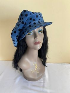 "This is an oversized newsboy style hat, made of designer repurposed denim.  The hat has six oversized panels in blue with black velvet polka dots.   It is generously full-bodied and can be worn close to the brow, higher on the head, cocked to the side or even backwards. This style hat will fit someone with a large to extra large size head or big hairdo, and is made to size.  I would be happy to make one for you in your size.  Remember, your hat will take 10-15 days to be made, so be sure to add this time to your expected delivery time. - Handmade - Repurposed denim  - Black satiny lining - Six panels:  Medium shades of blue with black velvet polka dots - Made to order   This newsboy hat can be made in a multitude of denim colors and patterns, and as well in many luxe fleece colors and pri Paper Boy Hat, Newsboy Hat Women, Apple Hat, Repurposed Denim, Paper Boy, Newsboy Hat, Denim Hat, Love Hat, News Boy Hat