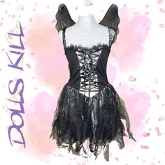 This Sexy Goth Fairy Costume Has A Stretchy Metallic Lining, A Front Lace Up Design, Lace Shoulder Straps, And A Tulle Skirt With A Floral Lace Overlay. Includes Glitter Fairy Wings With Elastic Arm Bands. Materials: 98% Polyester 2% Spandex Care: Machine Washable, Air Dry Black Fairy Aesthetic Costume, Fairy Kei Sleeveless Party Fairy Dress, Fairy Kei Sleeveless Party Dress, Fairy Grunge Fitted Dress For Party, Fitted Fantasy Fairy Dress For Party, Fitted Fairy Kei Dress For Party, Black Fairy Kei Party Dress, Fairy Kei Black Party Dress, Fitted Fairy Dress For Halloween Party